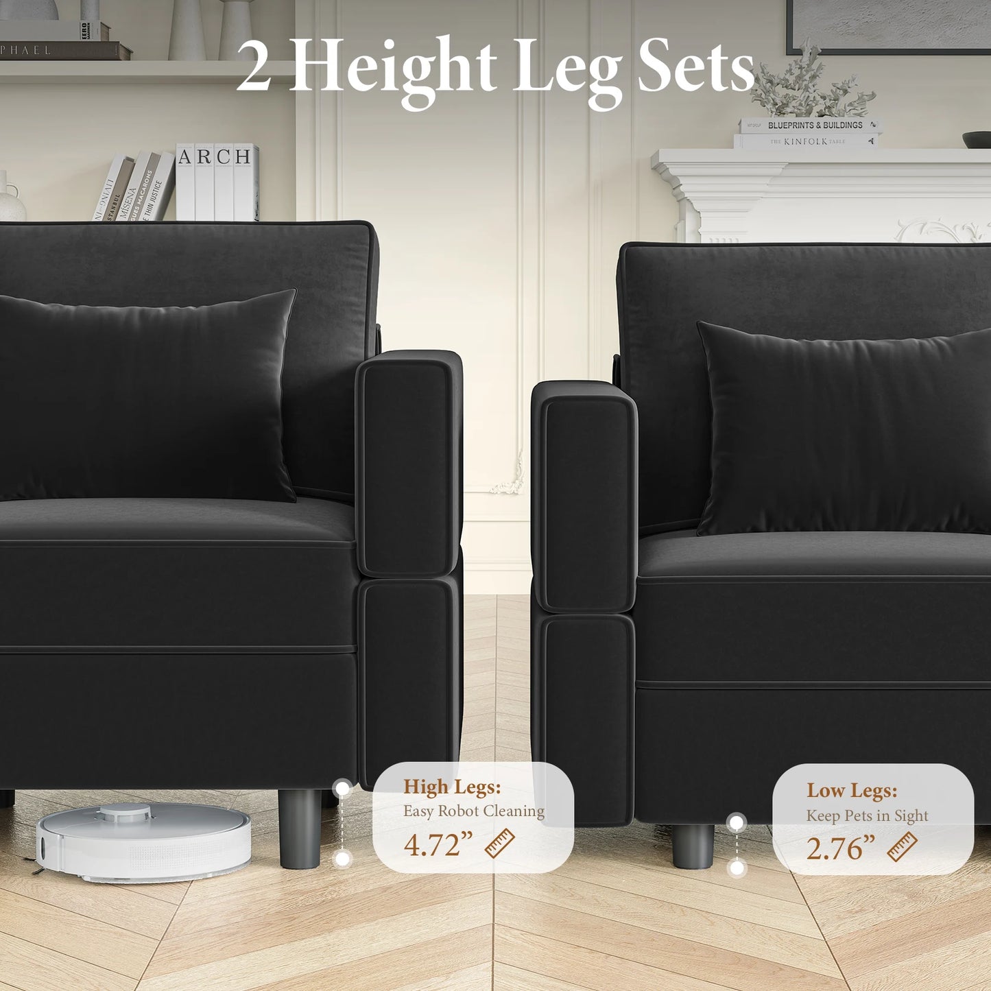 Modular Sectional Sofa with Storage Convertible Couch Sleeper with Chaise Velvet Living Room Decor Couch Set Modern Design Black