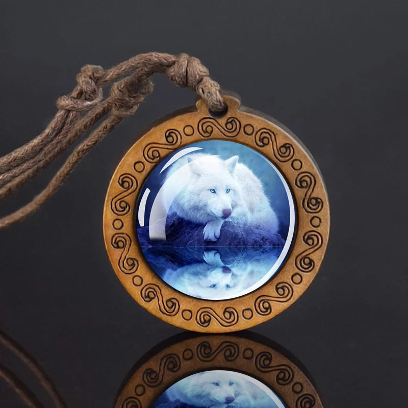 Wolf Glass Dome Necklace Men Vintage Wolf Head Wood Pendant Rope Chain Necklace Retro Jewelry