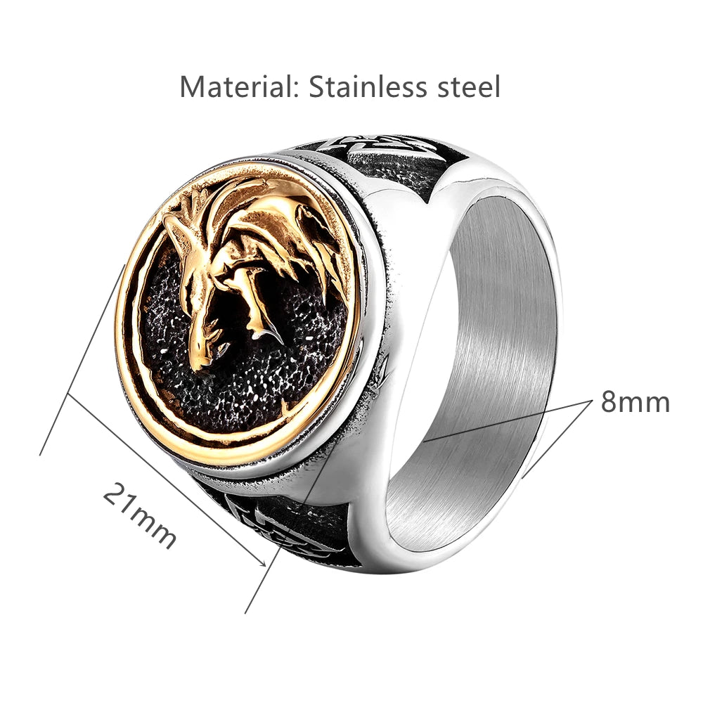 Punk Gold Color Odin Wolf Signet Rings Men Stainless Steel Norse Mythology Geri&Freki Amulet Ring Retro Viking Icelandic Jewelry