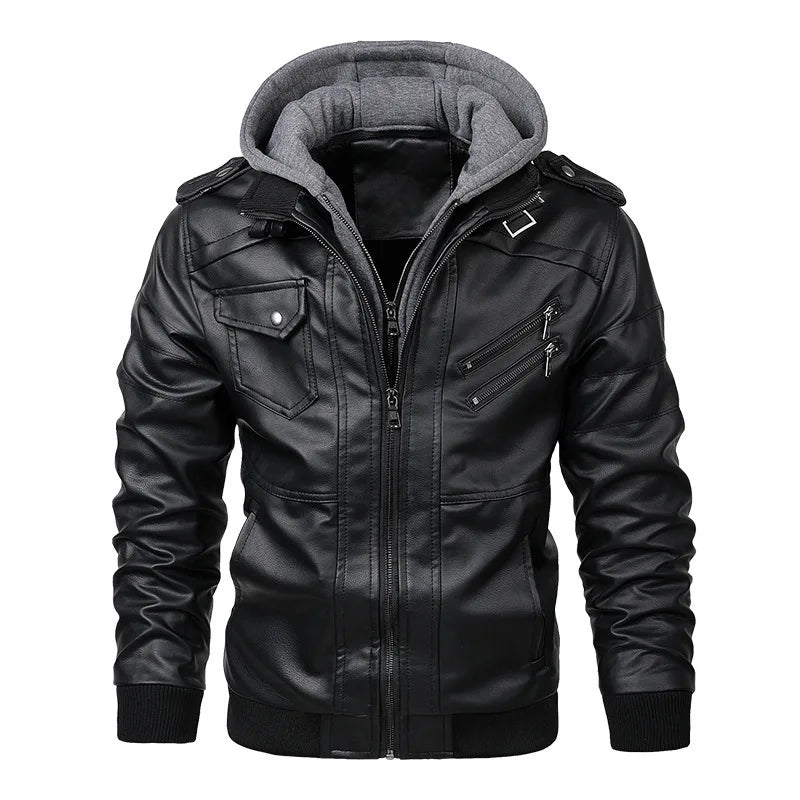 Men Jackets Fake Two Leather Jacket Double Zipper Removable Hooded Biker Leather Coat Male Cardigan Overcoat