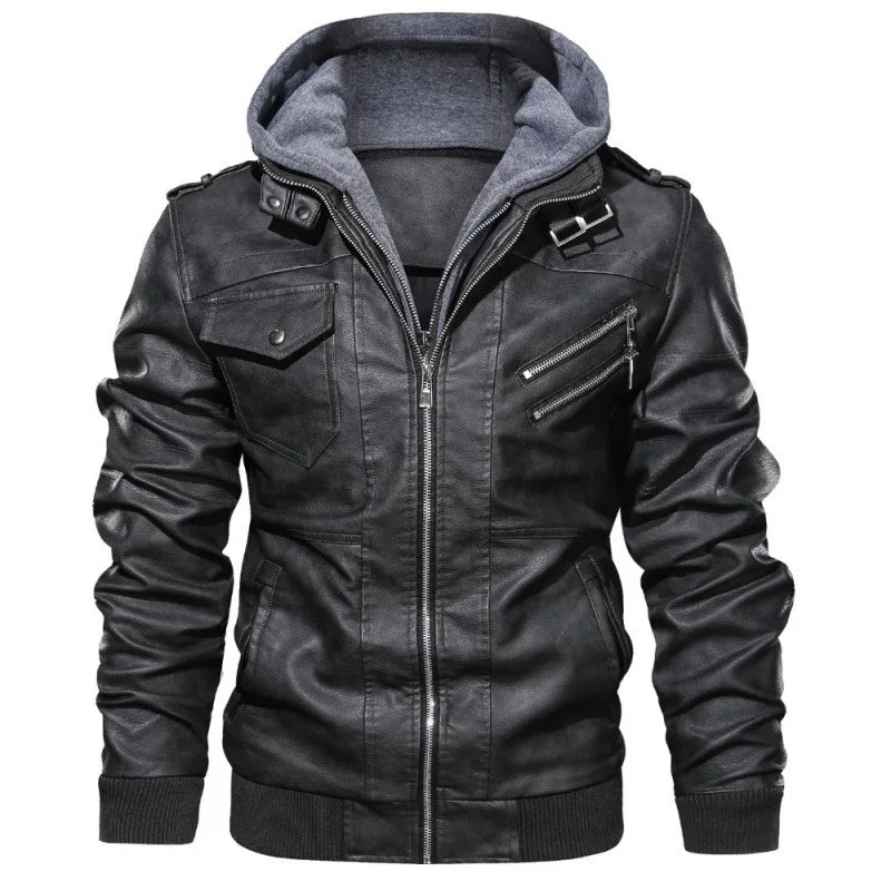 Men Jackets Fake Two Leather Jacket Double Zipper Removable Hooded Biker Leather Coat Male Cardigan Overcoat