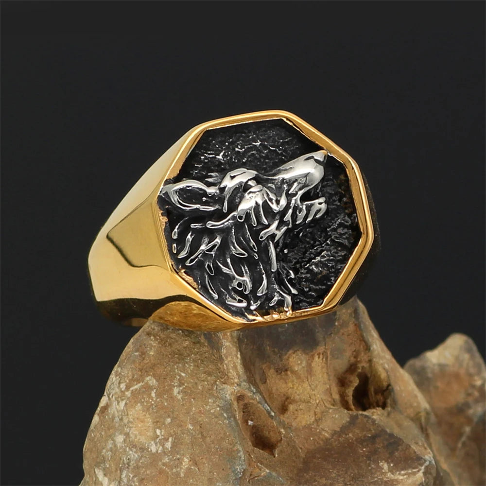 Punk Gold Color Odin Wolf Signet Rings Men Stainless Steel Norse Mythology Geri&Freki Amulet Ring Retro Viking Icelandic Jewelry
