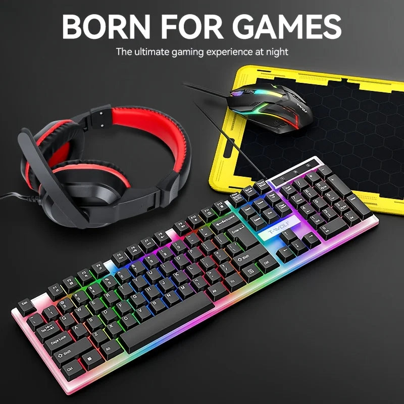 4-in-1 Wired Keyboard and Mouse Set, USB Plug Keyboard and Mouse Suitable for Laptops & Desktops, 104 Keys with RGB Backlighting