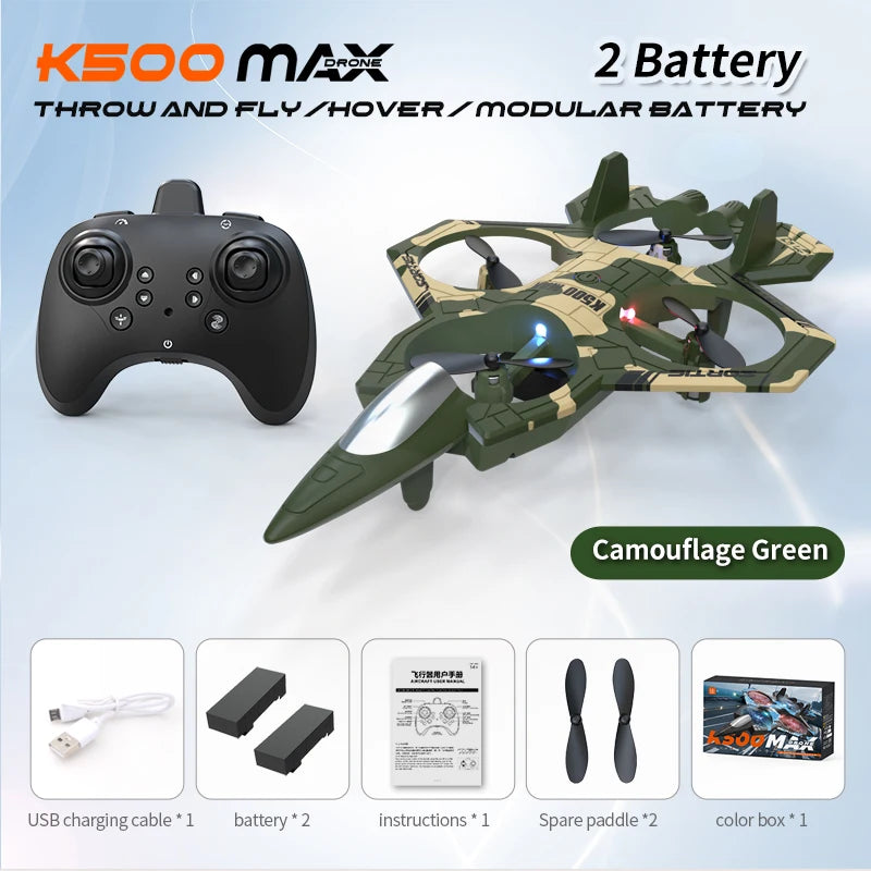 K500 MAX is equipped with a screen, a 2.4G remote-controlled aerobatic gliding fighter jet and a 360° rolling drone toy gift