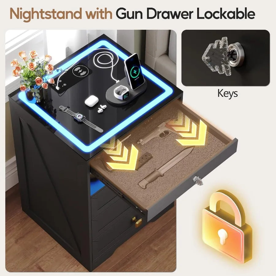 Modern farmhousestyle nightstand with lockable gun drawer builtin charging station and 3 LED lights for bedroom safety and conv
