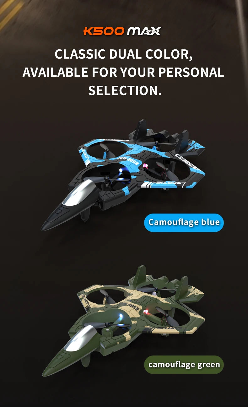 K500 MAX is equipped with a screen, a 2.4G remote-controlled aerobatic gliding fighter jet and a 360° rolling drone toy gift