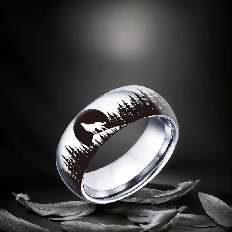8MM Fashion Moon Wolf Men Stainless Steel Jewelry Wedding Band Steel Rings Women Men Engagement Party Unisex Ring For Gift