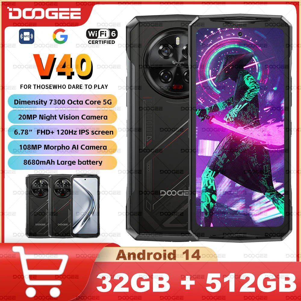 DOOGEE V40 5G Rugged Phone 6.78" FHD 120Hz Display Dimensity 7300 5G 12GB+512GB 8680mAh Battery 108MP Camera NFC Android 14
