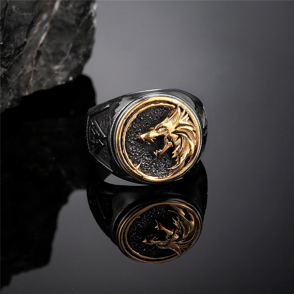 Punk Gold Color Odin Wolf Signet Rings Men Stainless Steel Norse Mythology Geri&Freki Amulet Ring Retro Viking Icelandic Jewelry