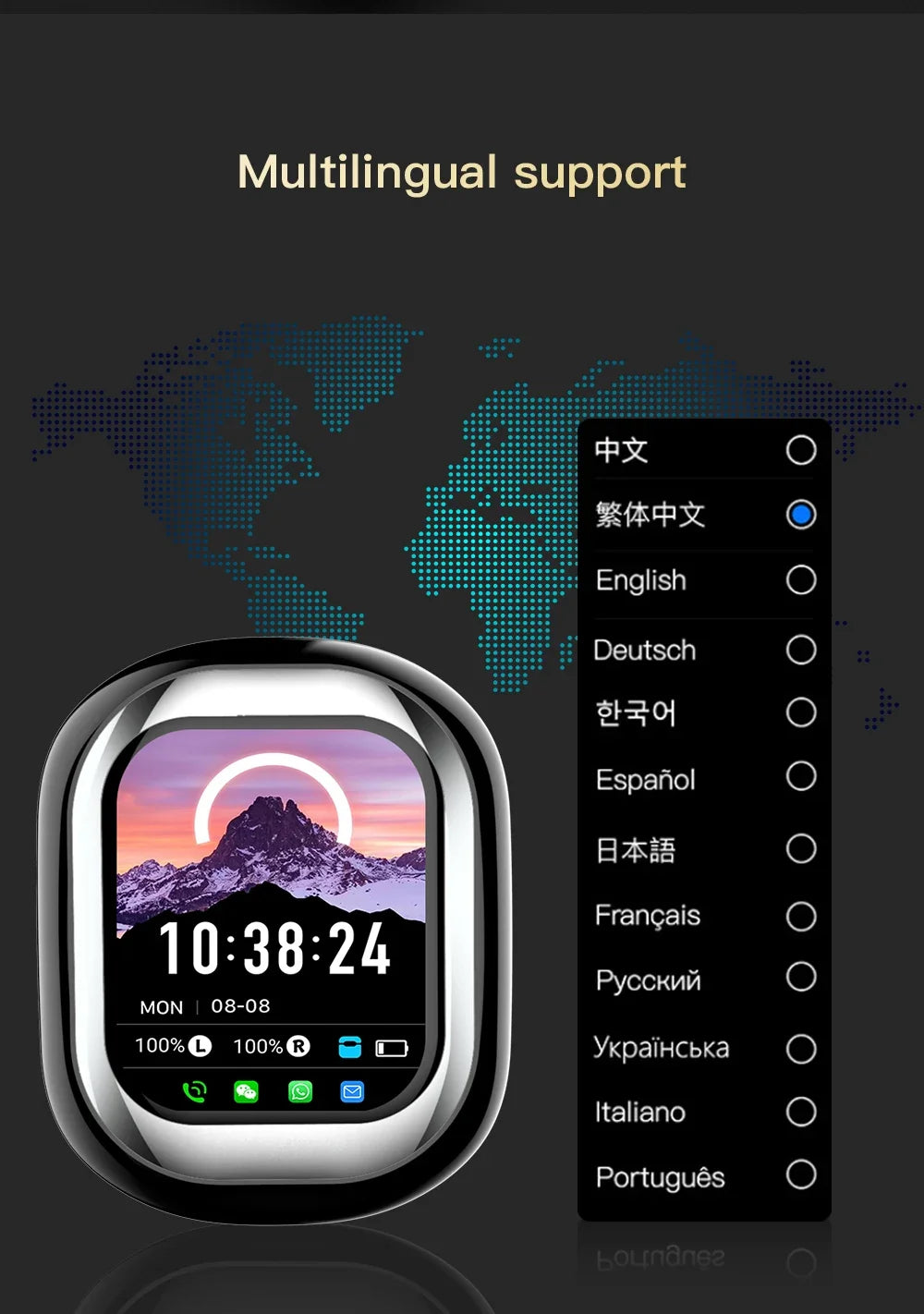 AI Translation Headphones 144 Languages Real Time Translator 50H Playtime LED Full Color Touch Screen ENC Noise Cancelling Mic
