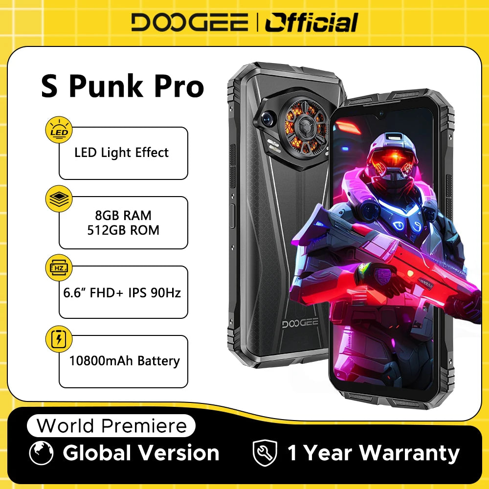 DOOGEE S Punk Pro Rugged Phone 128dB Speaker 8GB RAM 512GB ROM 6.6'' FHD+ Display 10800mAh Battery 50MP AI Camera NFC Smartphone