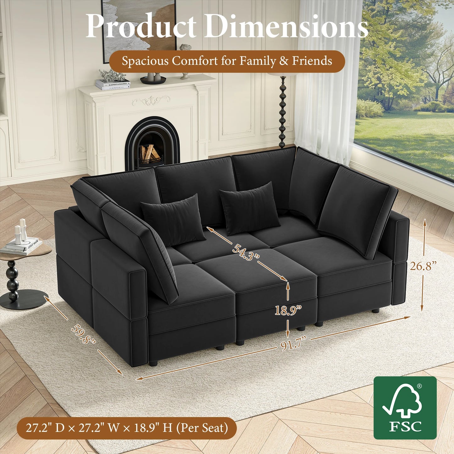 Modular Sectional Sofa with Storage Convertible Couch Sleeper with Chaise Velvet Living Room Decor Couch Set Modern Design Black