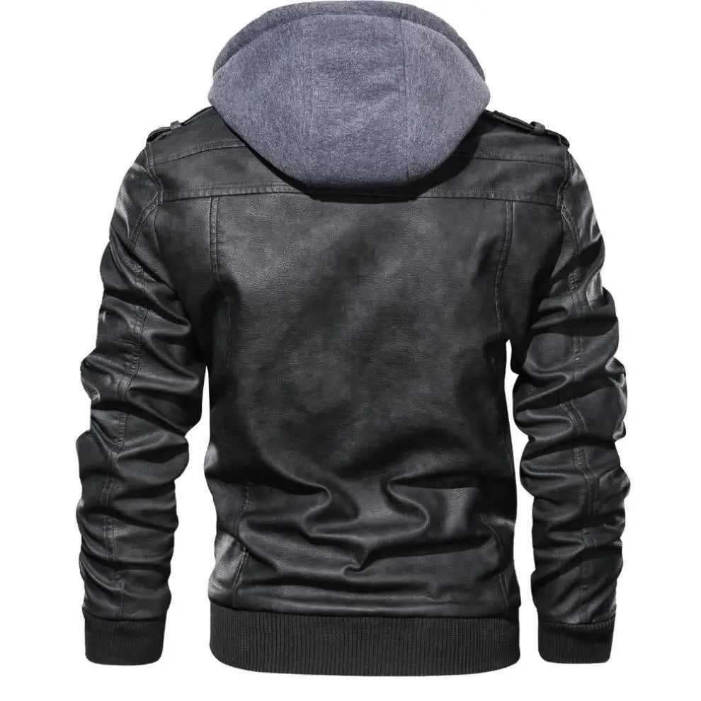 Men Jackets Fake Two Leather Jacket Double Zipper Removable Hooded Biker Leather Coat Male Cardigan Overcoat