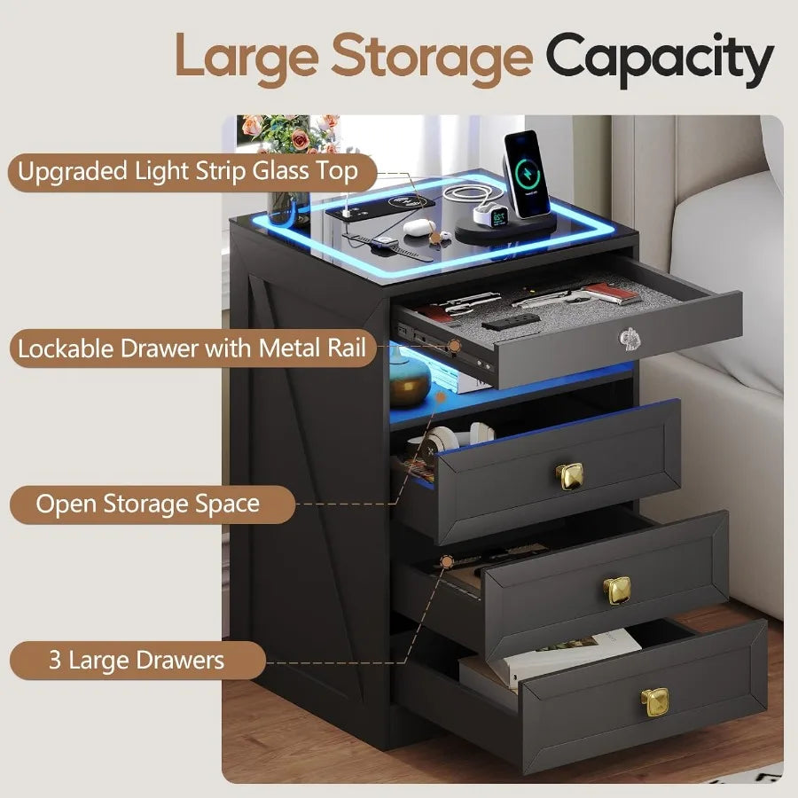 Modern farmhousestyle nightstand with lockable gun drawer builtin charging station and 3 LED lights for bedroom safety and conv