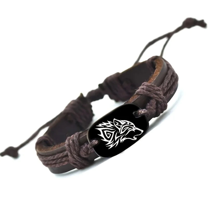 Wolf Pendant Leather Bracelet Men’s Adjustable Tribal Design Wristband Stylish Wolf Head Jewelry for Fashion Lovers