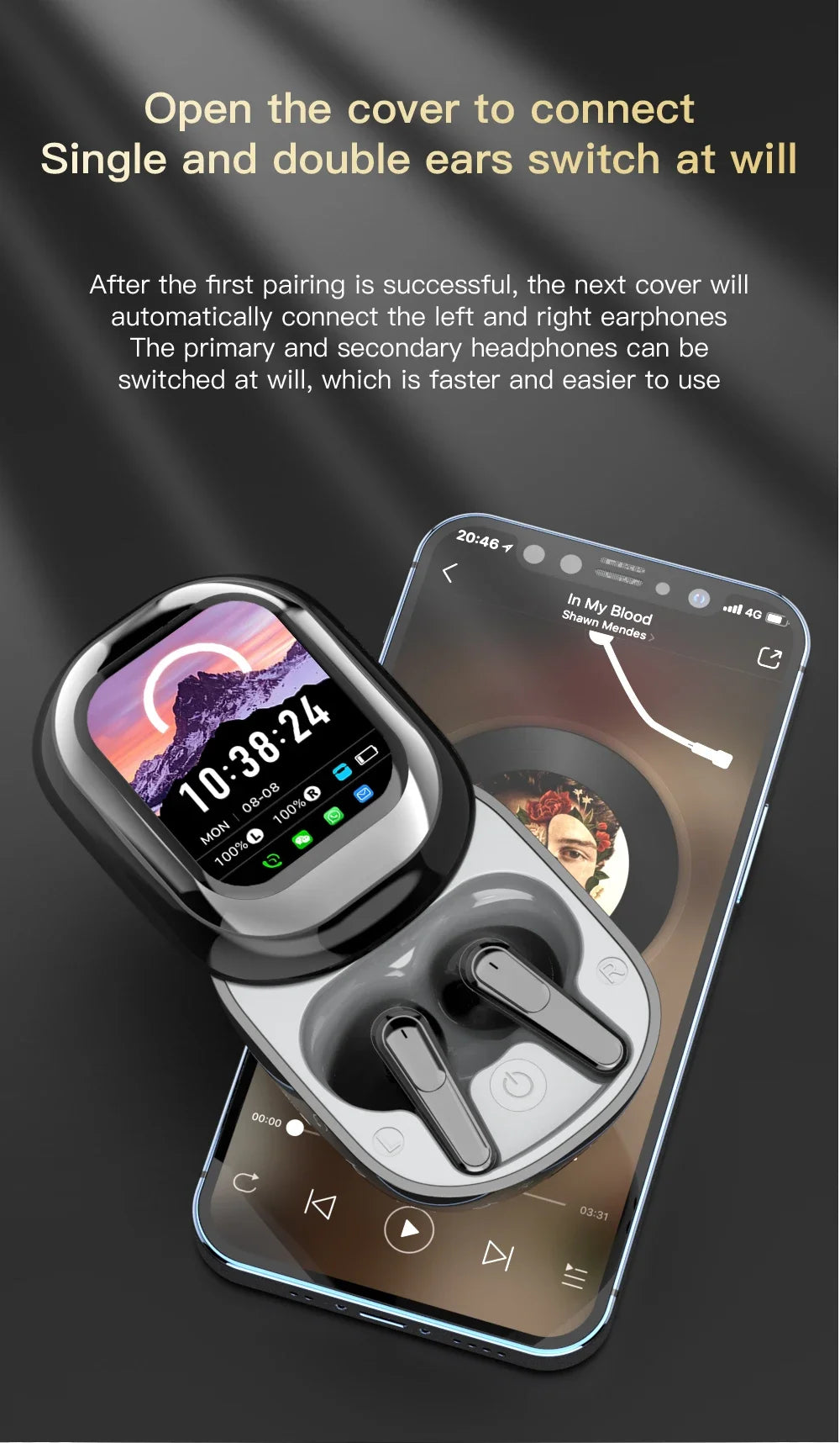 AI Translation Headphones 144 Languages Real Time Translator 50H Playtime LED Full Color Touch Screen ENC Noise Cancelling Mic