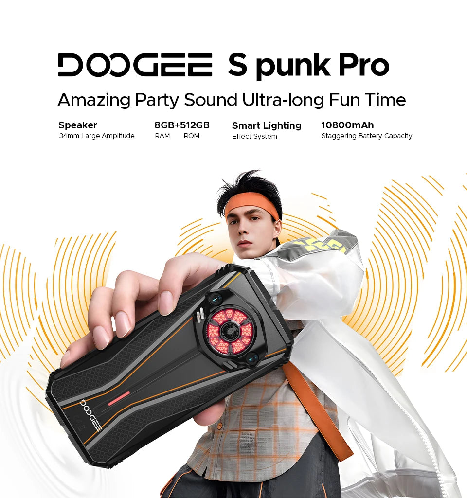 DOOGEE S Punk Pro Rugged Phone 128dB Speaker 8GB RAM 512GB ROM 6.6'' FHD+ Display 10800mAh Battery 50MP AI Camera NFC Smartphone
