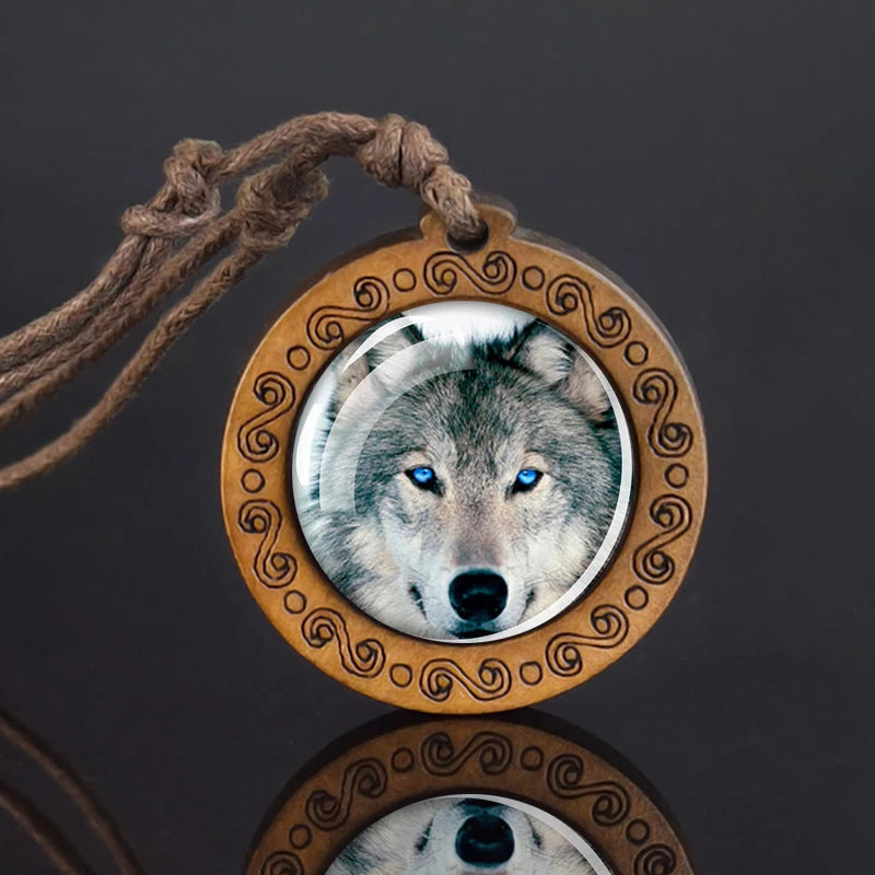 Wolf Glass Dome Necklace Men Vintage Wolf Head Wood Pendant Rope Chain Necklace Retro Jewelry