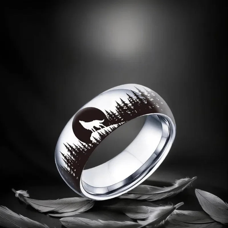 8MM Fashion Moon Wolf Men Stainless Steel Jewelry Wedding Band Steel Rings Women Men Engagement Party Unisex Ring For Gift