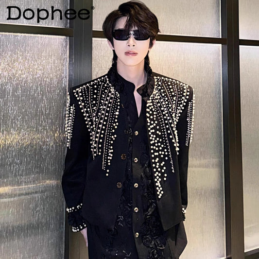 2025 Men's Autumn New Sparkling Beaded Rhinestone Personality Jackets Solid Color Long Sleeve Stylish Tops Male Handsome Coats