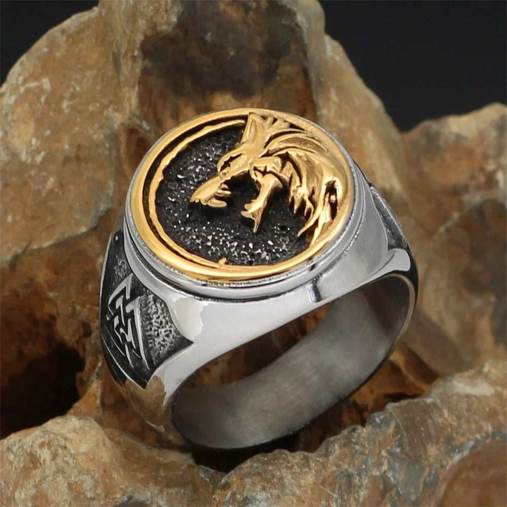 Punk Gold Color Odin Wolf Signet Rings Men Stainless Steel Norse Mythology Geri&Freki Amulet Ring Retro Viking Icelandic Jewelry
