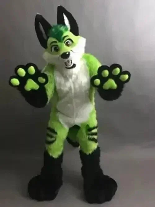 Christmas Green Black White Long Fur Furry Husky Dog Wolf Fox Fursuit Mascot Costume Adult Cartoon Character Suit Real Play Tra