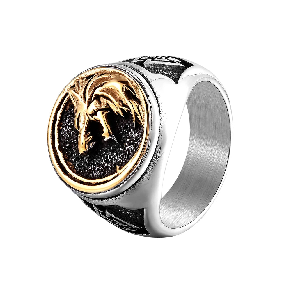 Punk Gold Color Odin Wolf Signet Rings Men Stainless Steel Norse Mythology Geri&Freki Amulet Ring Retro Viking Icelandic Jewelry