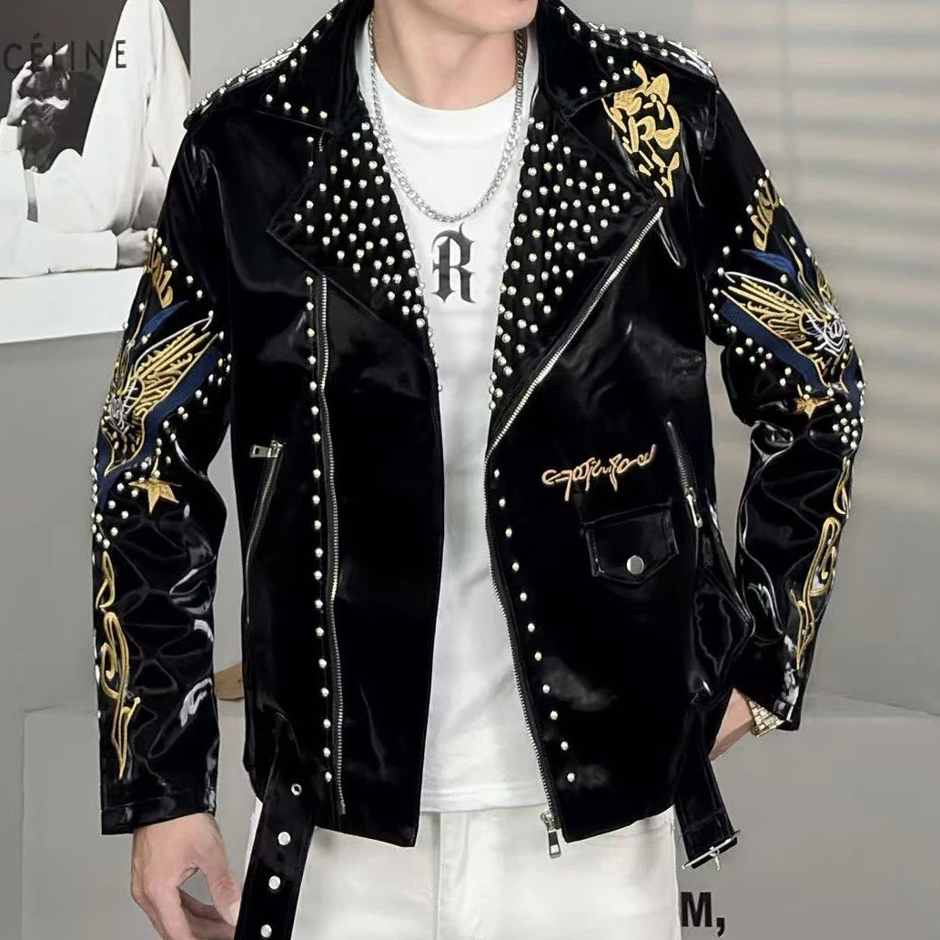 2025 Top Quality Luxury Rivet Decoration Punk Club Outfit Jacket Autumn Black Grey Jacket Coat Jaqueta Bomber Jacket Men