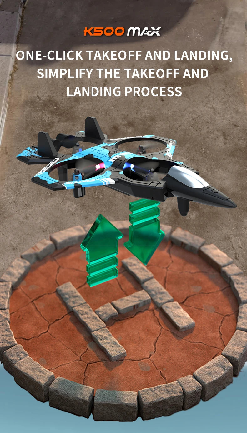 K500 MAX is equipped with a screen, a 2.4G remote-controlled aerobatic gliding fighter jet and a 360° rolling drone toy gift
