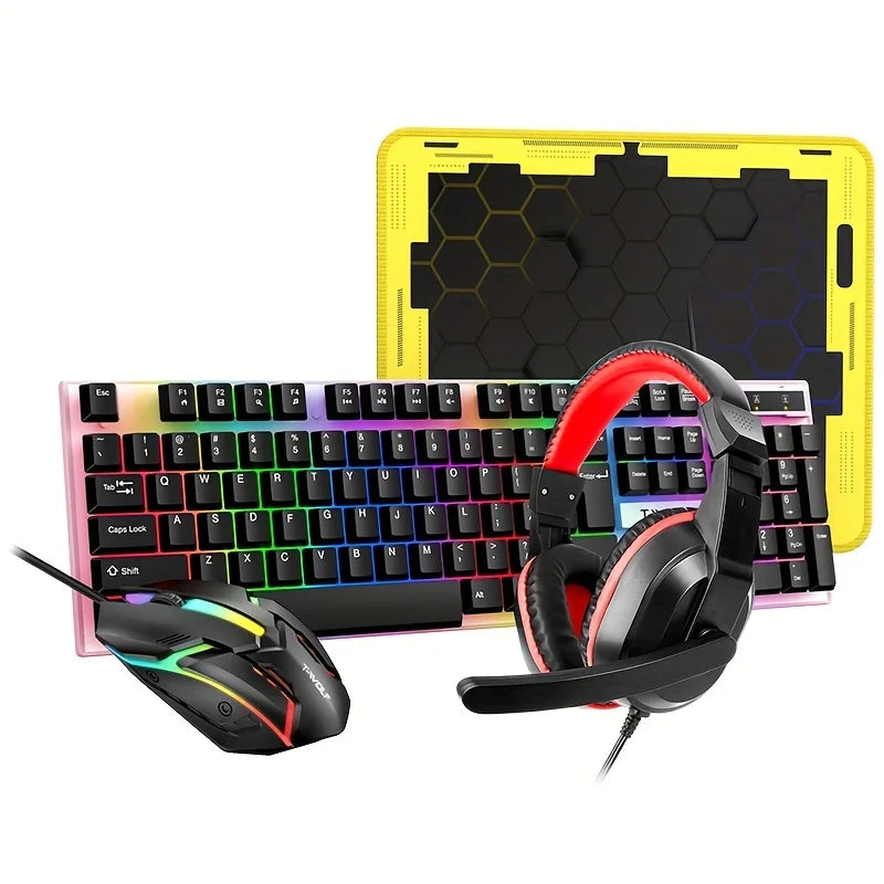 4-in-1 Wired Keyboard and Mouse Set, USB Plug Keyboard and Mouse Suitable for Laptops & Desktops, 104 Keys with RGB Backlighting
