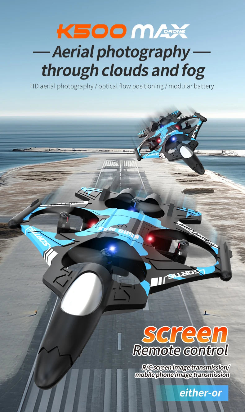 K500 MAX is equipped with a screen, a 2.4G remote-controlled aerobatic gliding fighter jet and a 360° rolling drone toy gift