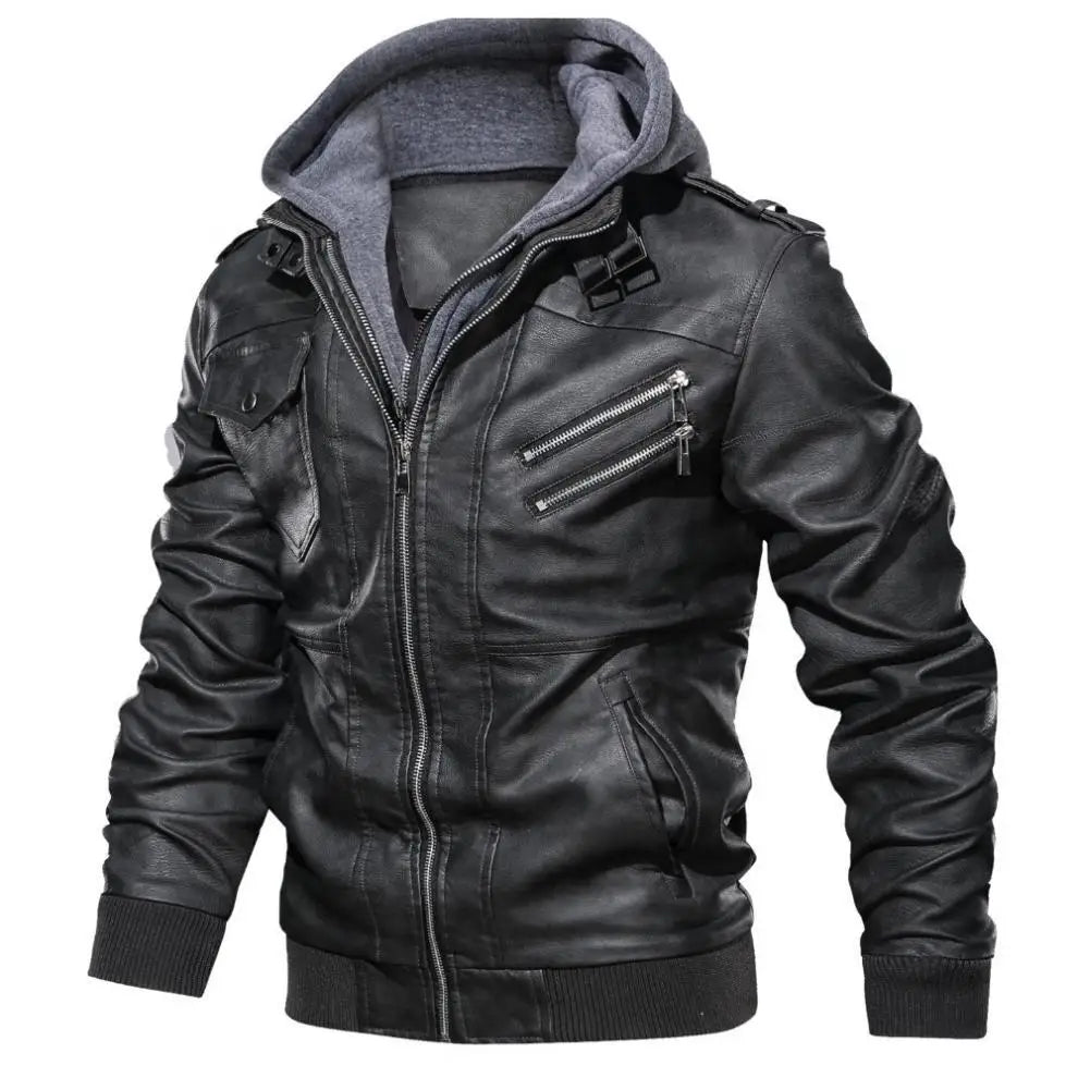 Men Jackets Fake Two Leather Jacket Double Zipper Removable Hooded Biker Leather Coat Male Cardigan Overcoat