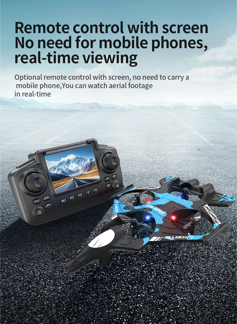 K500 MAX is equipped with a screen, a 2.4G remote-controlled aerobatic gliding fighter jet and a 360° rolling drone toy gift