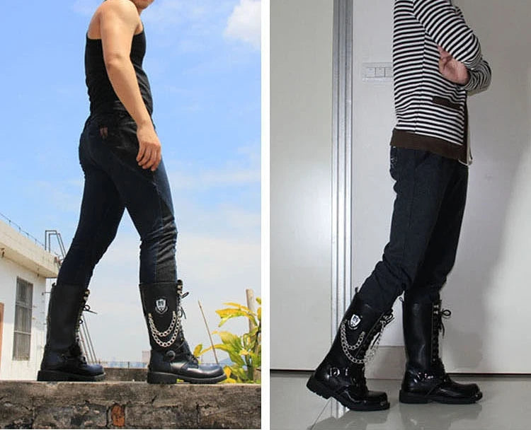 Men's Leather Motorcycle Boots Fashion Chain Mid-calf Platform Boots Gothic Belt Punk Boots for Men Designer Biker Boots Men