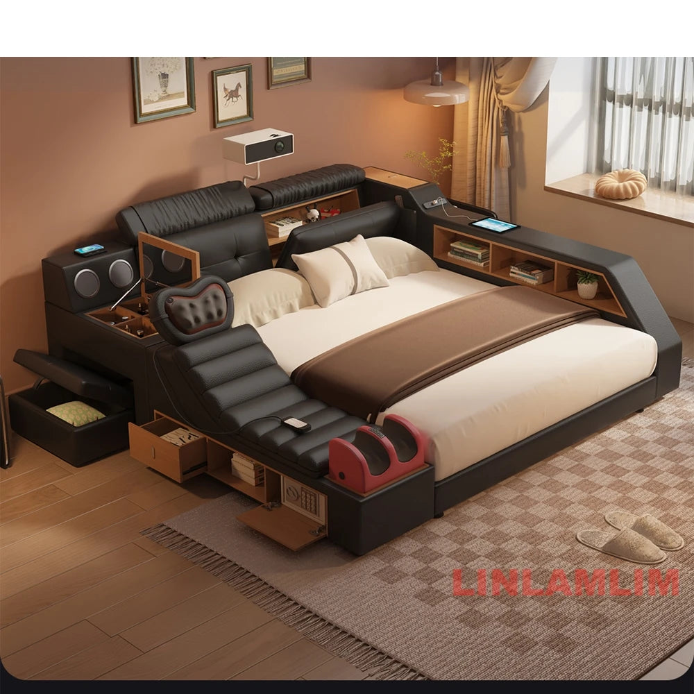 Luxury Tech Smart Multifunctional Bed with Massage Chair, Bluetooth Speakers, Projector, USB – Modern Upholstered King Size Bed