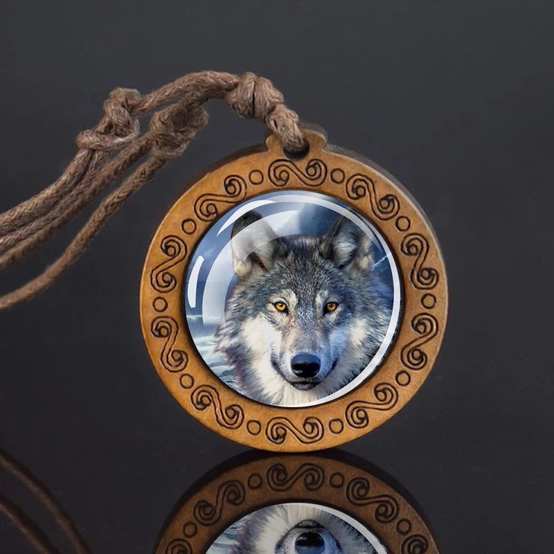 Wolf Glass Dome Necklace Men Vintage Wolf Head Wood Pendant Rope Chain Necklace Retro Jewelry