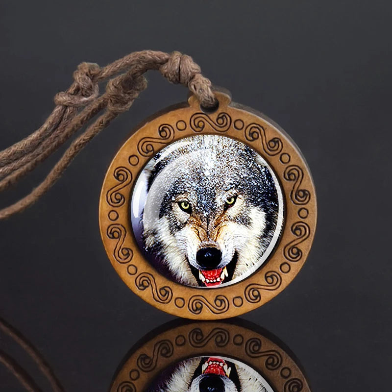 Wolf Glass Dome Necklace Men Vintage Wolf Head Wood Pendant Rope Chain Necklace Retro Jewelry