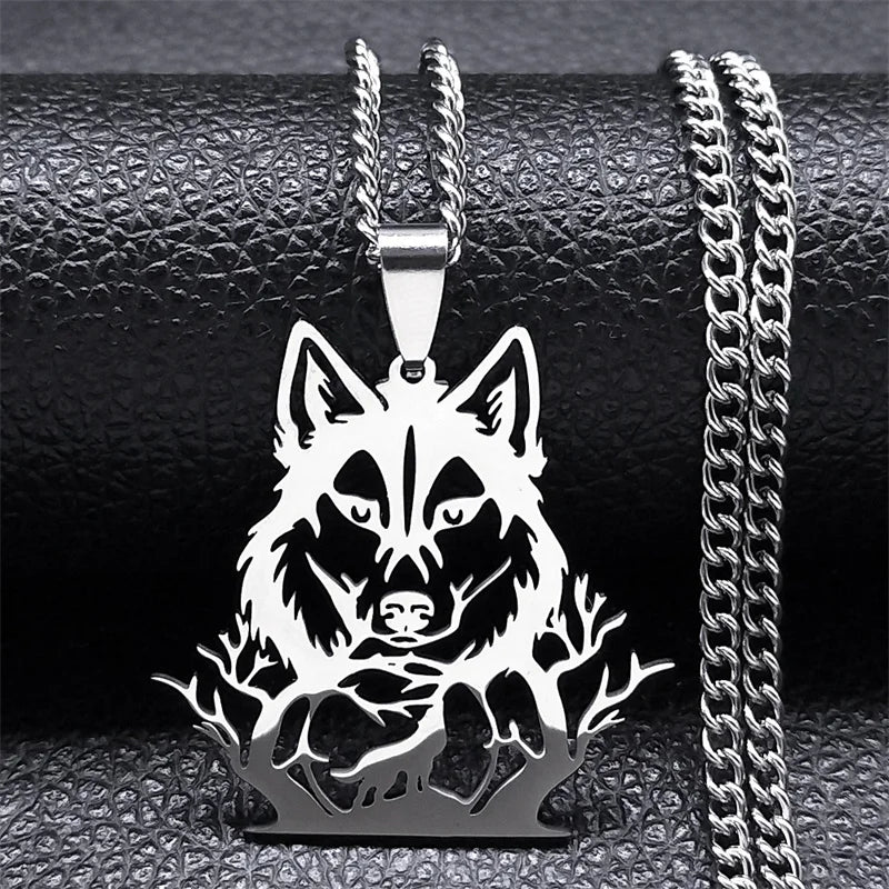 Goth Full Moon Wolf Head Pendant Necklace Women Men Black Color Forest Tree Hollow Animal Necklaces Jewelry Party Gifts N2032S03