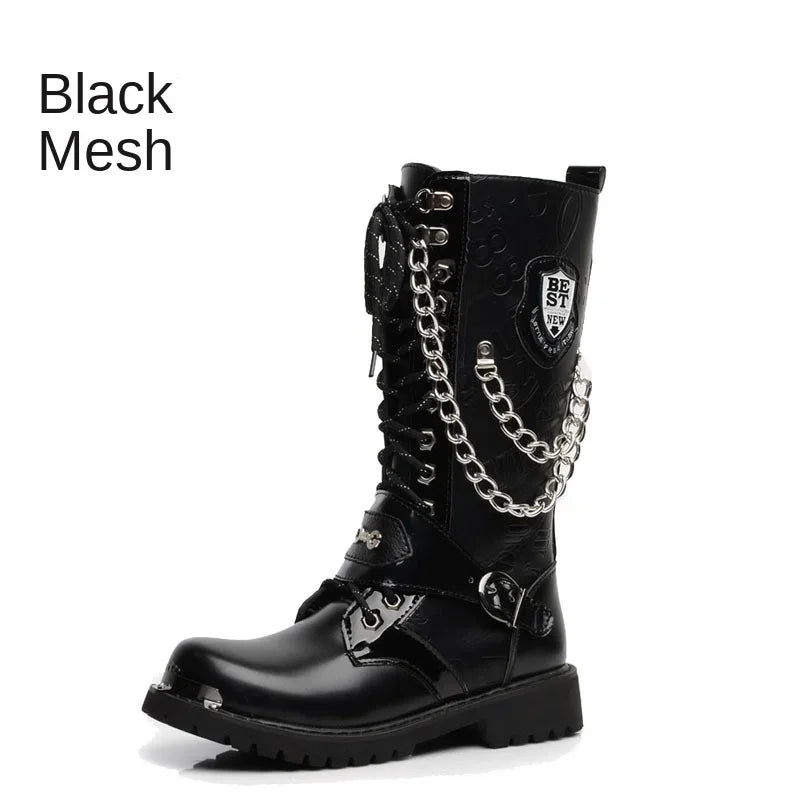 Men's Leather Motorcycle Boots Fashion Chain Mid-calf Platform Boots Gothic Belt Punk Boots for Men Designer Biker Boots Men