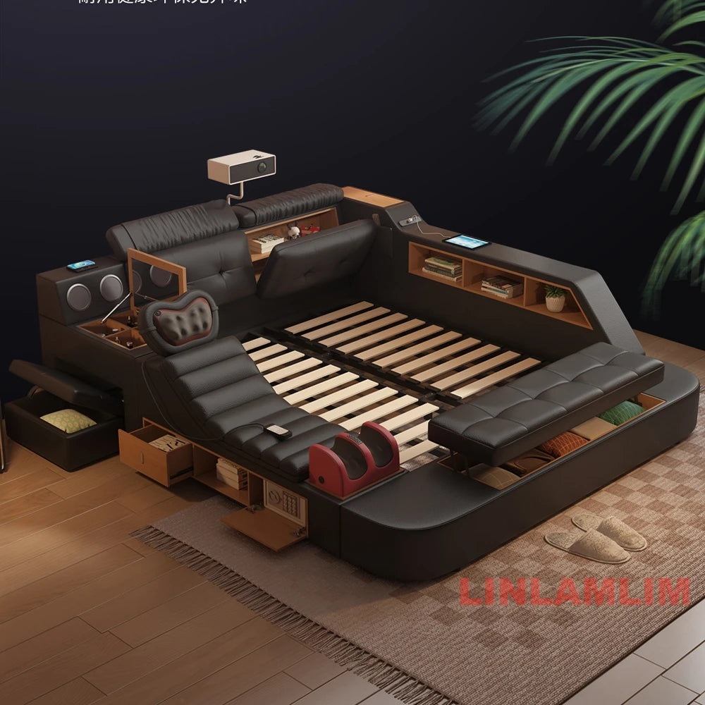 Luxury Tech Smart Multifunctional Bed with Massage Chair, Bluetooth Speakers, Projector, USB – Modern Upholstered King Size Bed
