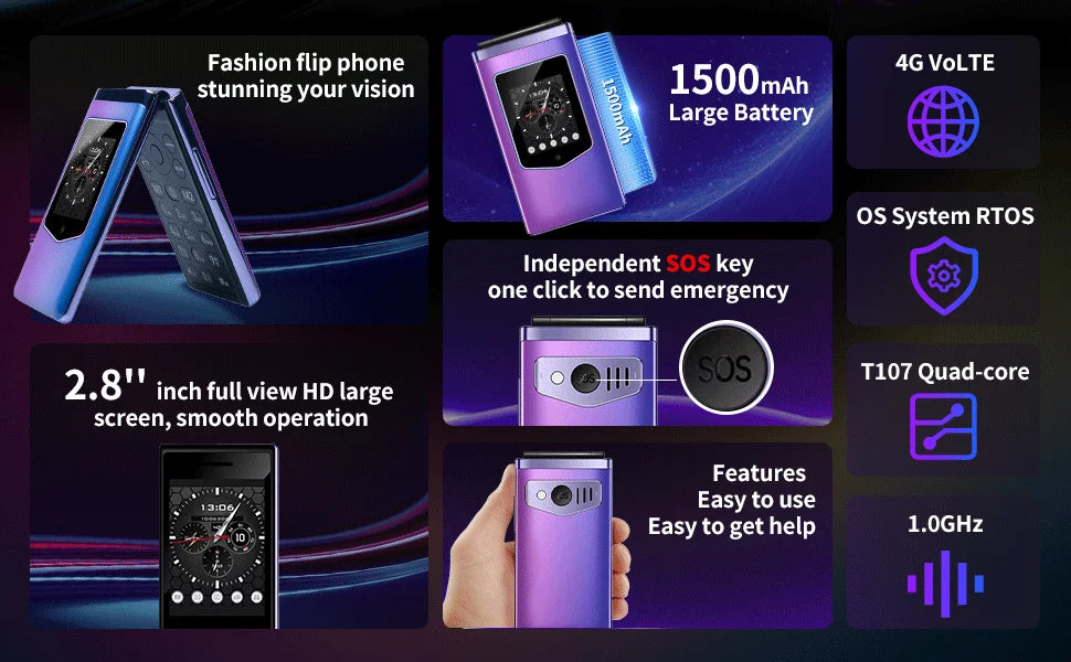 HAMTOD T8 Flip Phone 2.8 inch Inner Screen 128MB ROM+ 48MB RAM 1500mAh Battery 0.3MP Rear Camera 4G VoLTE Cellphone