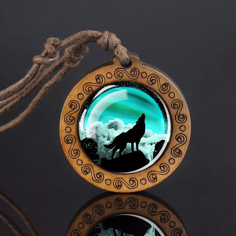 Wolf Glass Dome Necklace Men Vintage Wolf Head Wood Pendant Rope Chain Necklace Retro Jewelry