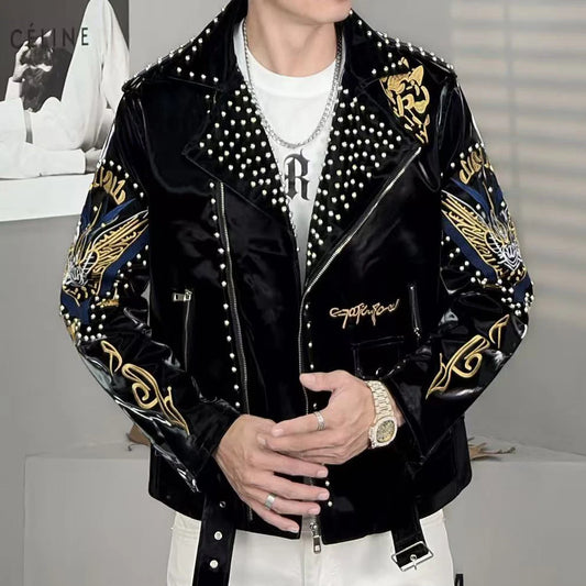 2025 Top Quality Luxury Rivet Decoration Punk Club Outfit Jacket Autumn Black Grey Jacket Coat Jaqueta Bomber Jacket Men