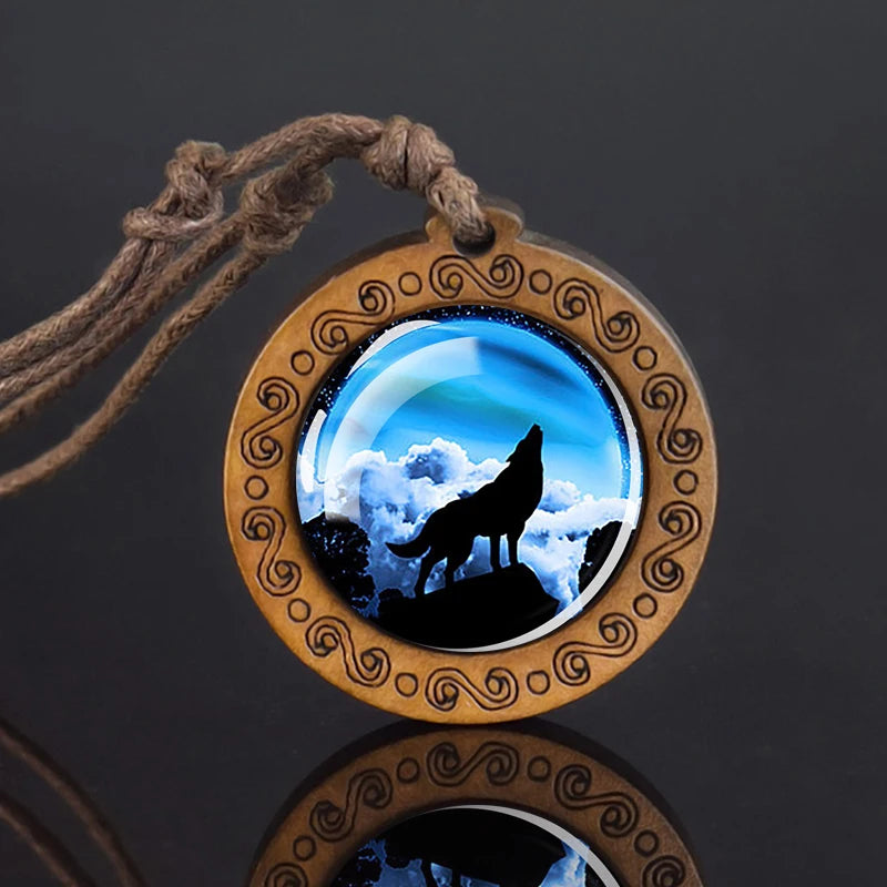 Wolf Glass Dome Necklace Men Vintage Wolf Head Wood Pendant Rope Chain Necklace Retro Jewelry