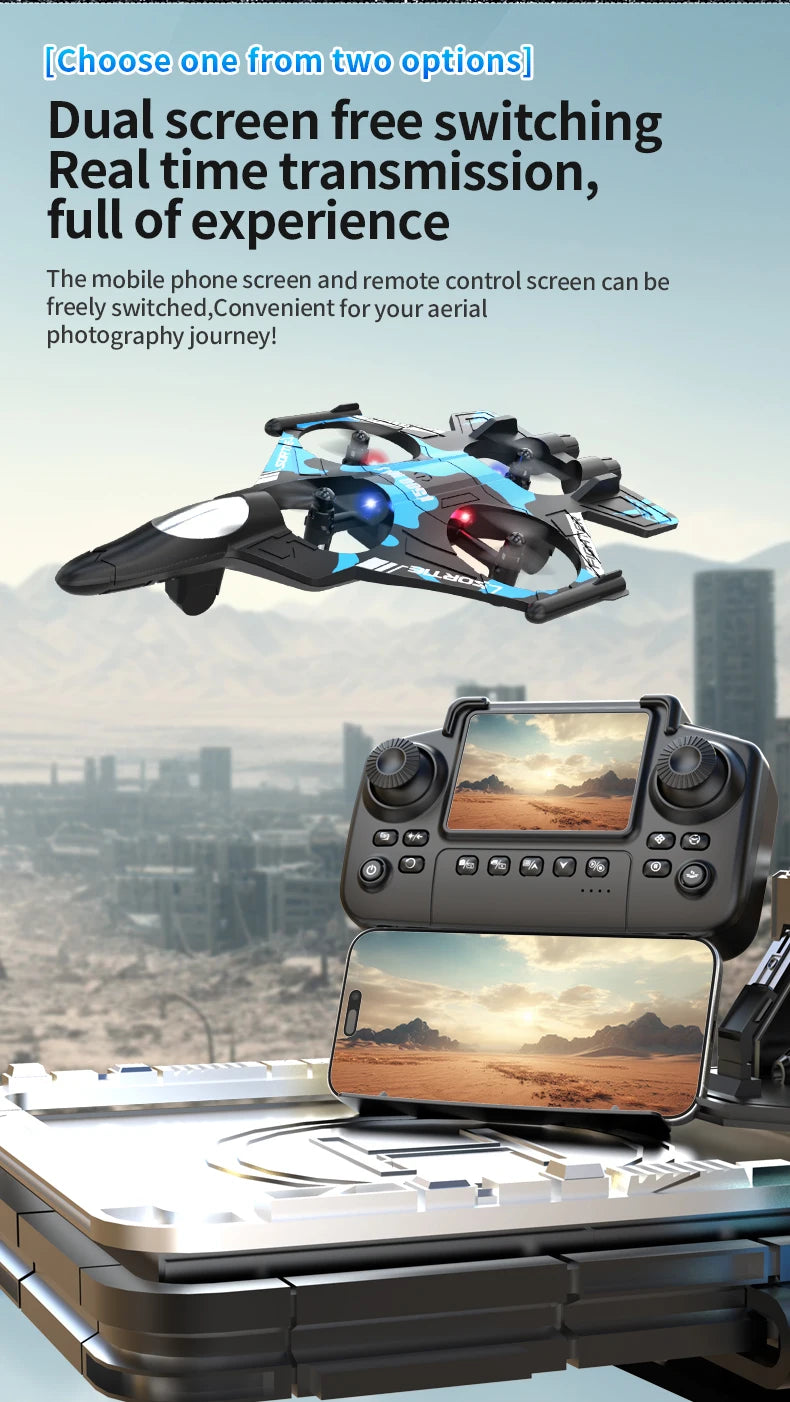 K500 MAX is equipped with a screen, a 2.4G remote-controlled aerobatic gliding fighter jet and a 360° rolling drone toy gift