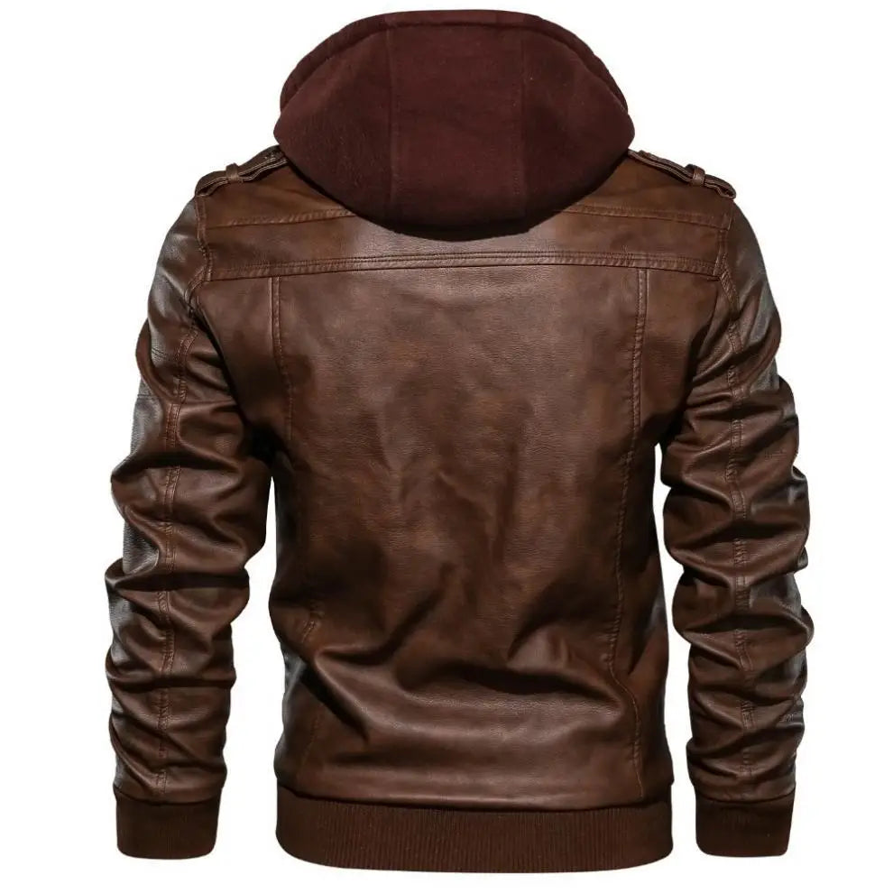 Men Jackets Fake Two Leather Jacket Double Zipper Removable Hooded Biker Leather Coat Male Cardigan Overcoat