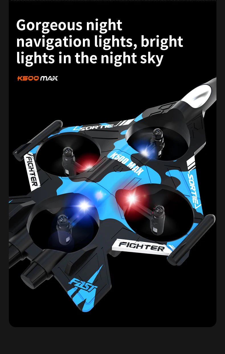 K500 MAX is equipped with a screen, a 2.4G remote-controlled aerobatic gliding fighter jet and a 360° rolling drone toy gift
