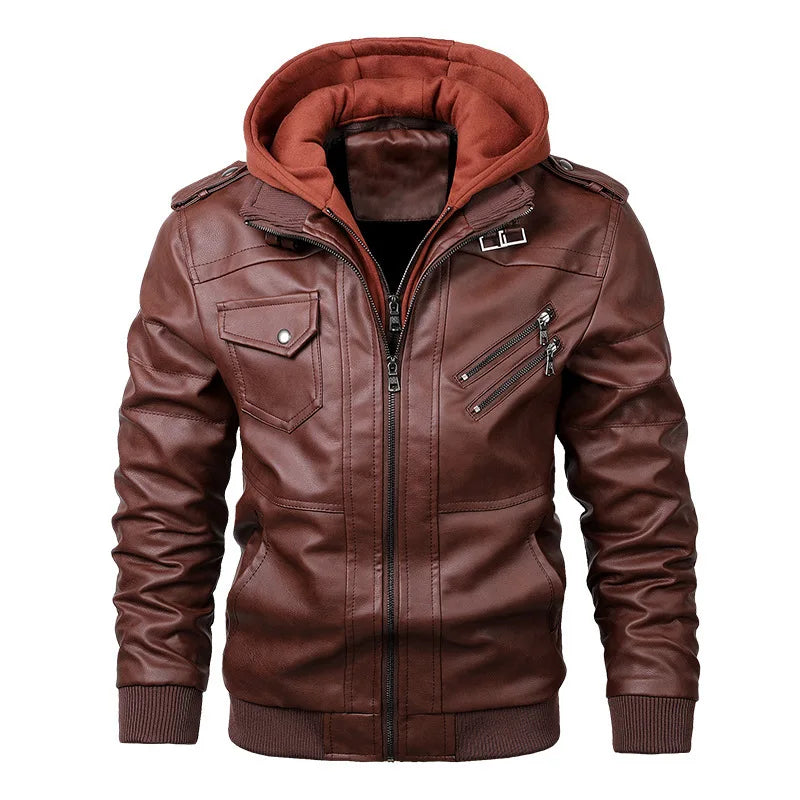 Men Jackets Fake Two Leather Jacket Double Zipper Removable Hooded Biker Leather Coat Male Cardigan Overcoat