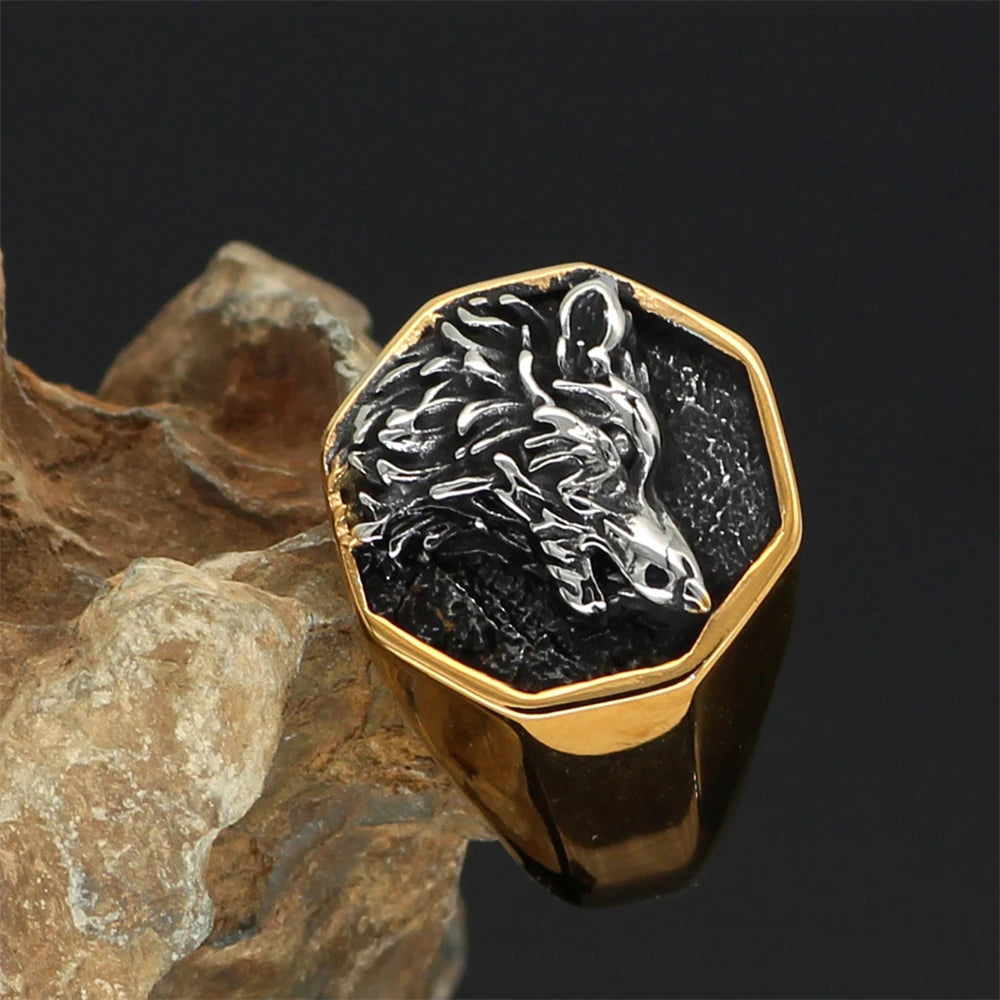 Punk Gold Color Odin Wolf Signet Rings Men Stainless Steel Norse Mythology Geri&Freki Amulet Ring Retro Viking Icelandic Jewelry