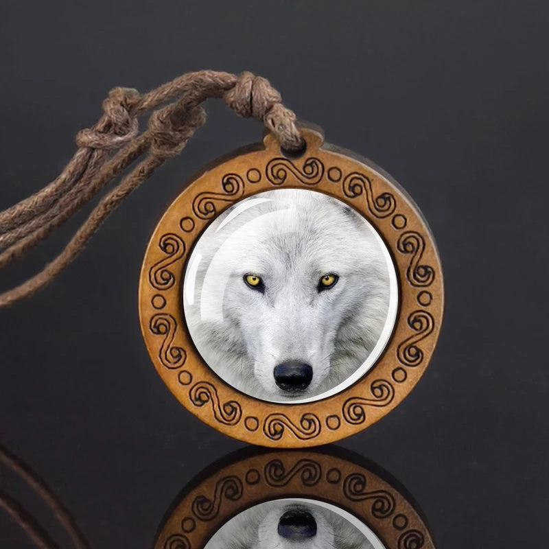 Wolf Glass Dome Necklace Men Vintage Wolf Head Wood Pendant Rope Chain Necklace Retro Jewelry
